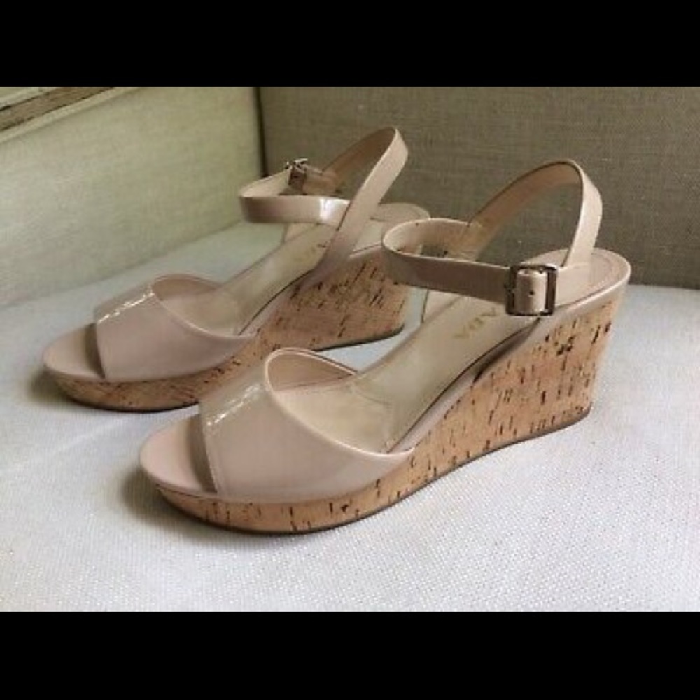 Prada Sandals Nude Patent Wedge Platform Cork NEW